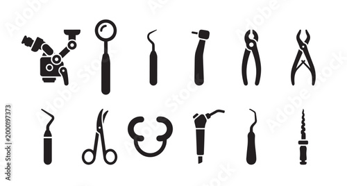 Collection of black silhouette icons representing various dental instruments, including a drill, mirror, probes, forceps, and scaler, on a white background for medical use.