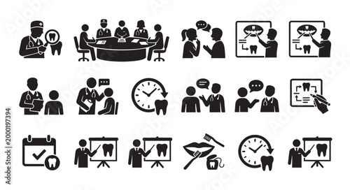 A collection of black and white vector icons depicting various aspects of dental care and professional services for medical and educational use.