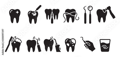 A collection of black and white vector icons illustrating various aspects of dental hygiene, tooth care, and treatments.