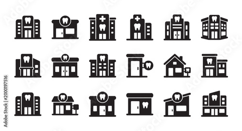 Collection of flat black icons depicting various dental clinic and hospital buildings, each with a tooth symbol, suitable for medical and healthcare concepts.