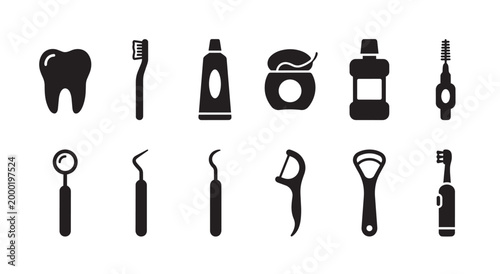 Collection of black dental hygiene icons on a white background, featuring tooth, toothbrush, toothpaste, floss, mouthwash, and dental tools for oral care.