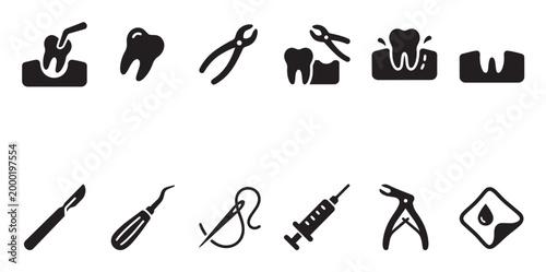 A collection of black and white vector icons representing dental health, medical procedures, surgical tools, and treatments.