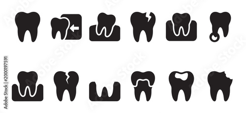 Collection of black and white vector icons representing various dental conditions including healthy teeth, cavities, cracks, tooth loss, and gum problems.