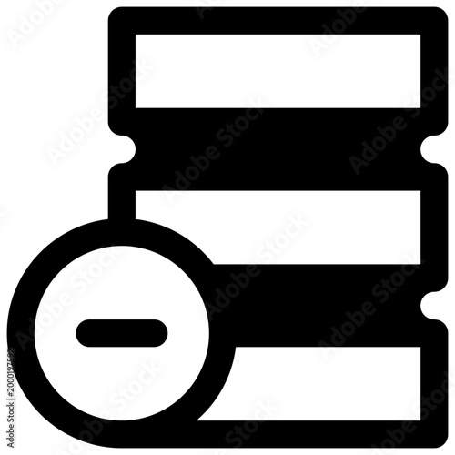 Delete database. Outlined stroke vector icon with black-filled details.