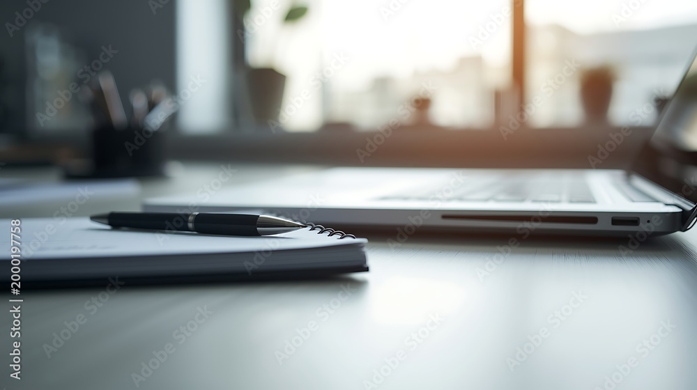 Naklejka premium Generative Ai a sleek laptop and notebook on a desk