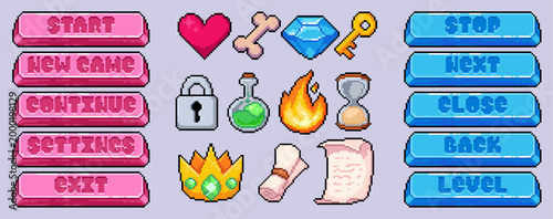 Pixel art game button set of arcade item icons, 8 bit interface elements, gold key, lock and scroll, heart, crown and diamond, retro videogame graphic for level design, ui cartoon vector illustrations