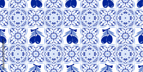 Greek tile mosaic with blue geometric pattern and olives on white. Vector realistic illustration of seamless ornament for restaurant wall or floor design, traditional Mediterranean decorative art