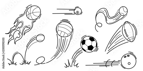 Dynamic ball bounce set with spiral spinning trajectory and jumping curves, vector speed motion doodle icons with movement direction effect, rebound paths, black flowing lines on white background