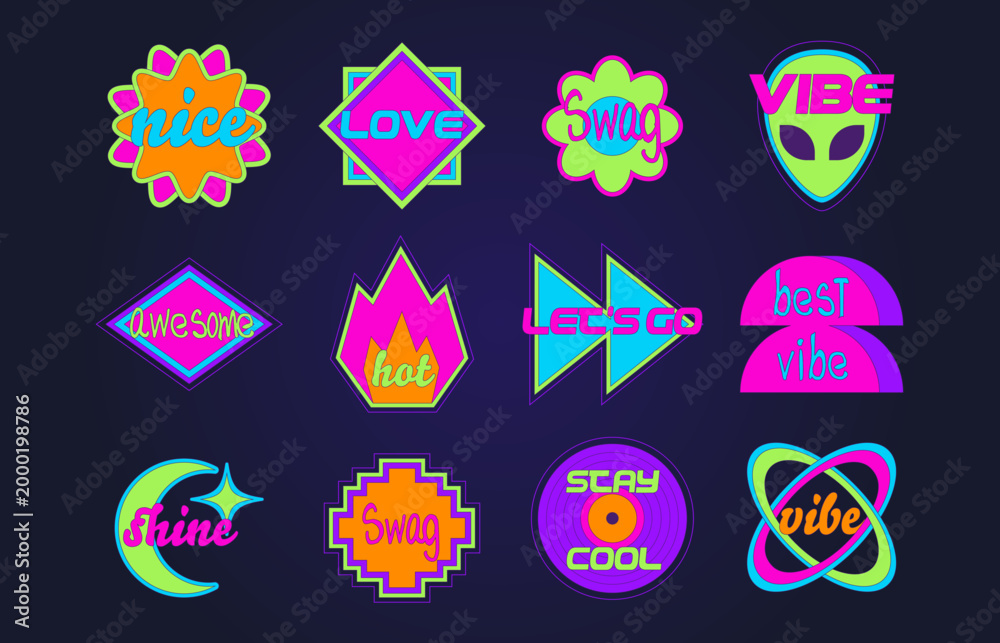 Obraz premium Cute y2k sticker collection with retro pop art vibes. Vector set of cool acid color fire, alien face and flower shape icons with text, groovy 90s geometric patches for creative nostalgic design