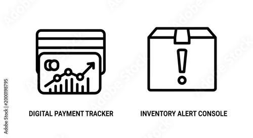 Digital payment tracker and inventory alert console icons for business logistics