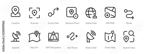 GPS navigation and satellite tracking linear icon set. Map, location, direction, destination, point, place, route, and find location services icon collection. Editable vector stroke illustration