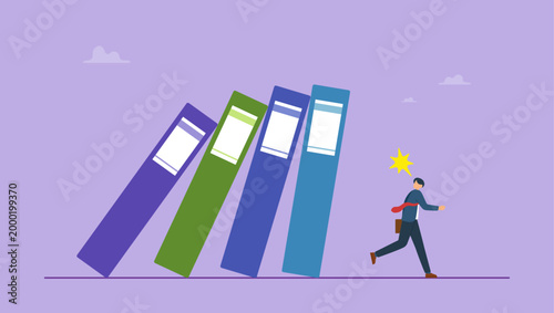 Fatigue businessman running from falling binders. Burnout, pressure, fatigue, and job stress in workplace, overworked or exhausted from overload tasks concept.