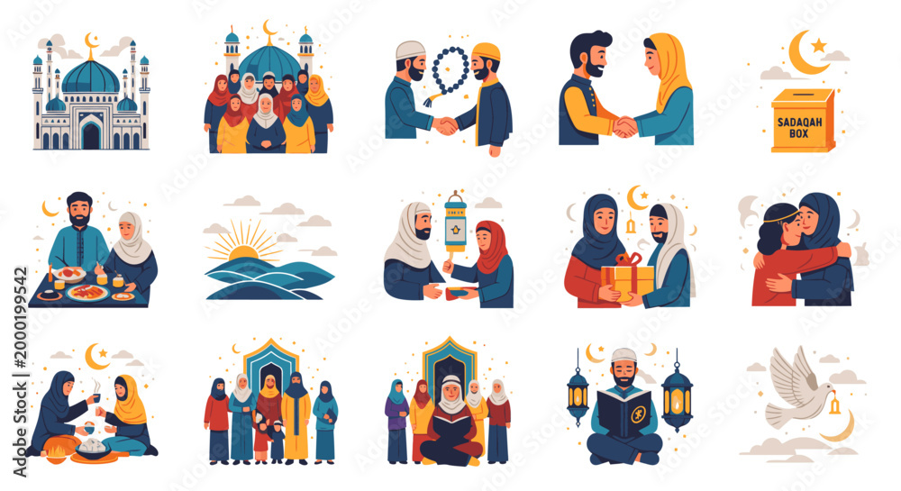 Fototapeta premium Islamic pixel art illustration set for Ramadan and Eid celebrations