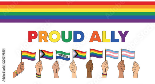 LGBTQ pride ally flags, rainbow flags, diversity and inclusion symbols, social justice vector graphics