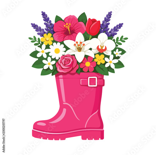 Pink Rain Boot with Colorful Spring Floral Bouquet vector Illustration Isolated on White