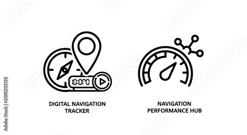 Digital navigation tracker and performance hub icons with navigation, location