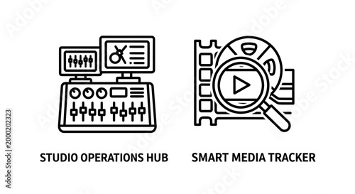 Studio operations hub and smart media tracker icons with operations, production