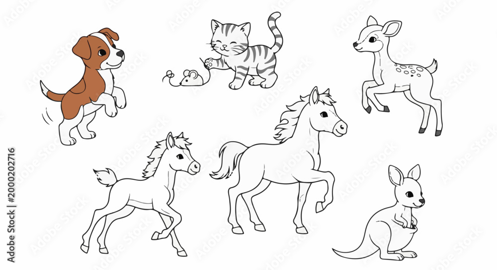 Fototapeta premium Whimsical line art depicts a playful dog, cat, deer, horses, and kangaroo
