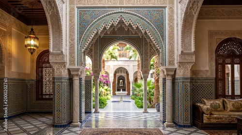 Ornate Moroccan Courtyard with Intricate Arches and Fountain