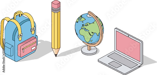 Isometric School Stationery Icon Set with Backpack and Laptop