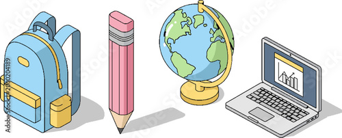 Isometric School Stationery Icon Set with Backpack and Laptop