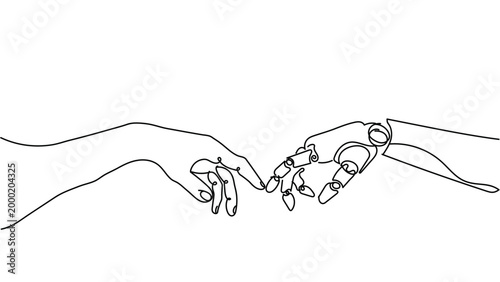 ai human connection. minimal one line art of human and robot hands touching