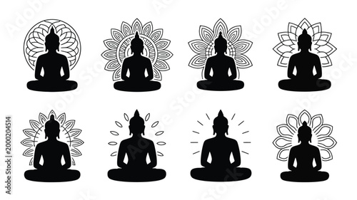 Photography Buddha icons with mandala and lotus flower designs in black silhouette on white