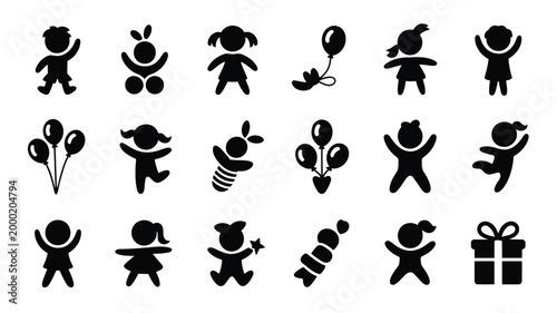Set of 20 black children's day icons featuring kids balloons gifts and festive symbols on white background