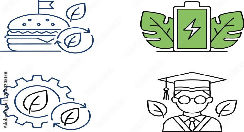 Εκτύπωση καμβά Eco-friendly lifestyle icons featuring sustainable food, green energy, recycling, and education for a cleaner, greener future