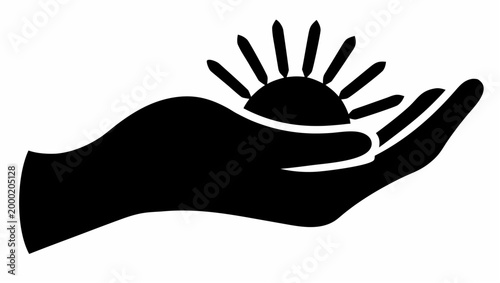 A human hand silhouette cradling a stylized sun symbol on a white background representing hope and protection
