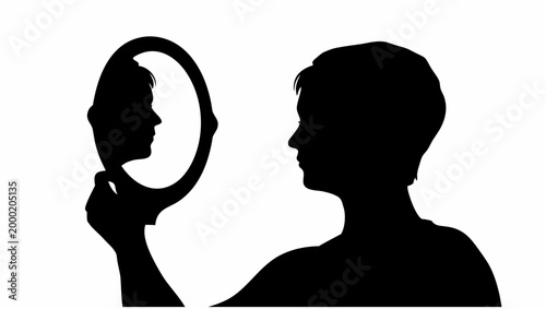 A person holding a mirror with a silhouette reflection showing a different face on a white background symbolizing identity and self perception