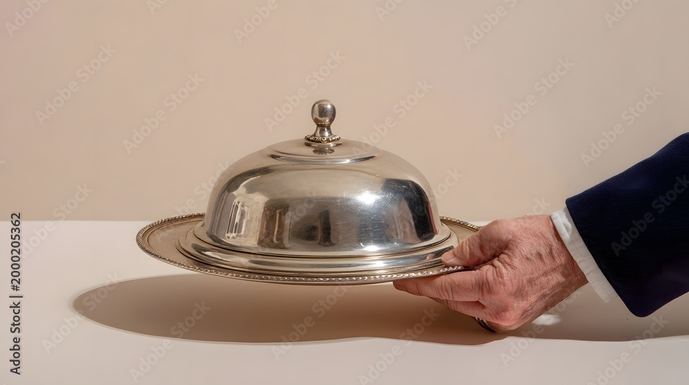 Fototapeta premium Silver serving cloche held by hand over minimalist white background