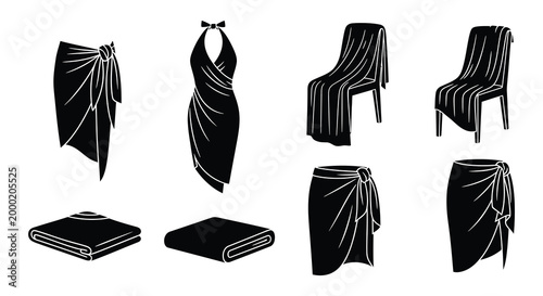 Sarong silhouettes and beach accessories black vector illustration
