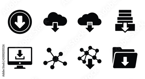 Download icons set flat vector symbols for data transfer and cloud storage