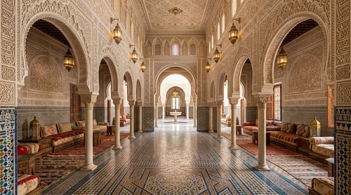 Ornate Moroccan Palace Interior Hallway with Arches, Tilework and Lamps