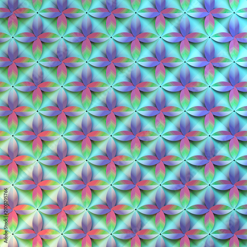 Abstract 3D background featuring a geometric pattern of overlapping circles that form intricate petal shapes. It features a beautiful gradient of pastel colors. A modern and elegant background