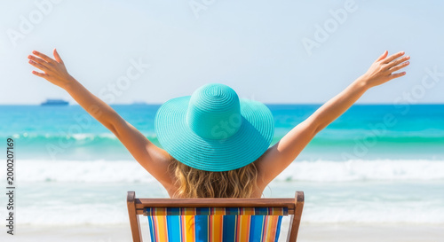 Caucasian woman relaxing on tropical beach lounger with turquoise sun hat, freedom and vacation joy