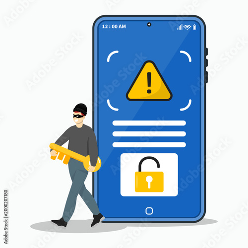 Smartphone security alert with thief stealing key, showing hacker attack, data breach risk, mobile malware and phishing attack.