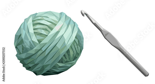 Illustration of a crochet hook next to a teal yarn ball, showcasing crafting tools with a modern design on a white background