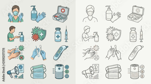 Collection of icons illustrating hygiene and health safety measures against viruses, including hand washing, sanitizing, masks, and thermometers.