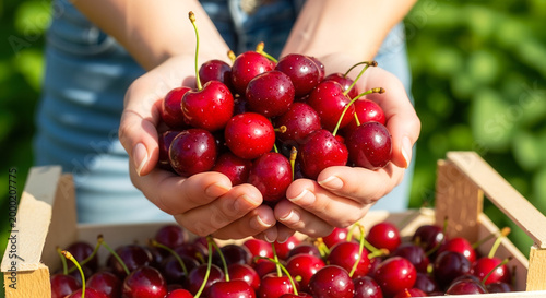 Caucasian female hands holding ripe red cherries over wooden crate, fresh harvest and summer agriculture concept