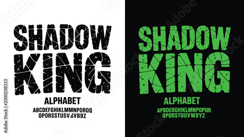 Bold shadow king typography with fractured letterforms in dual color schemes