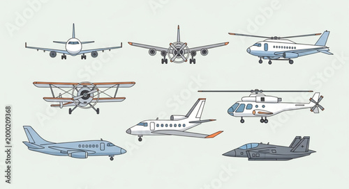 Collection of various aircraft types and helicopters.