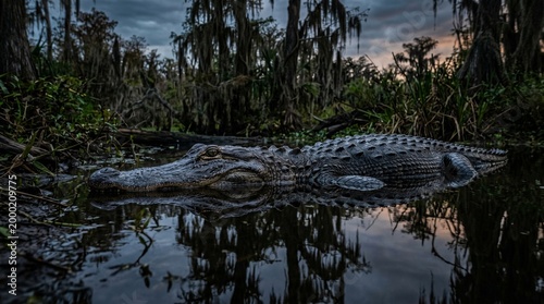 Large american alligator resting in swamp water at dusk.