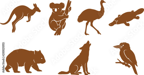 Australian Wildlife Silhouettes Brown Flat Vector Set Kangaroo Koala Emu Platypus Wombat and Kookaburra Icons
