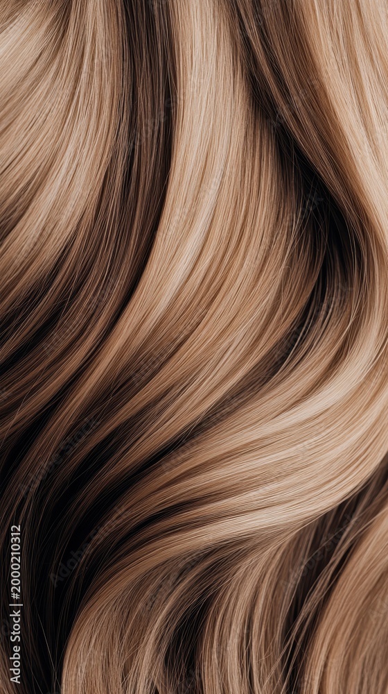 Naklejka premium Detailed close up of flowing brown hair with blonde highlights creating soft waves and texture