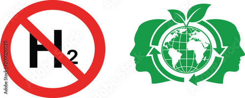 Photos No Hydrogen Symbol with Green Earth Recycling and Human Silhouettes Promoting Ec