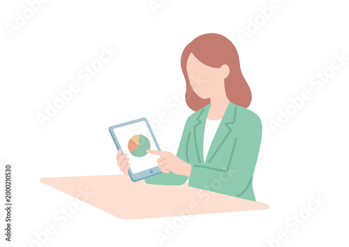 タブレットで資料を見せる女性のイラスト フラットデザイン ベクター