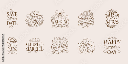 Hand-drawn wedding lettering quotes set, vintage romantic phrases. Save the date, Just married