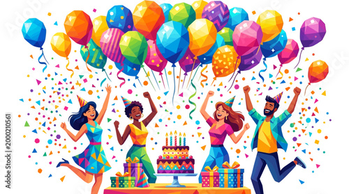 People Celebrating with Balloons and Cake.